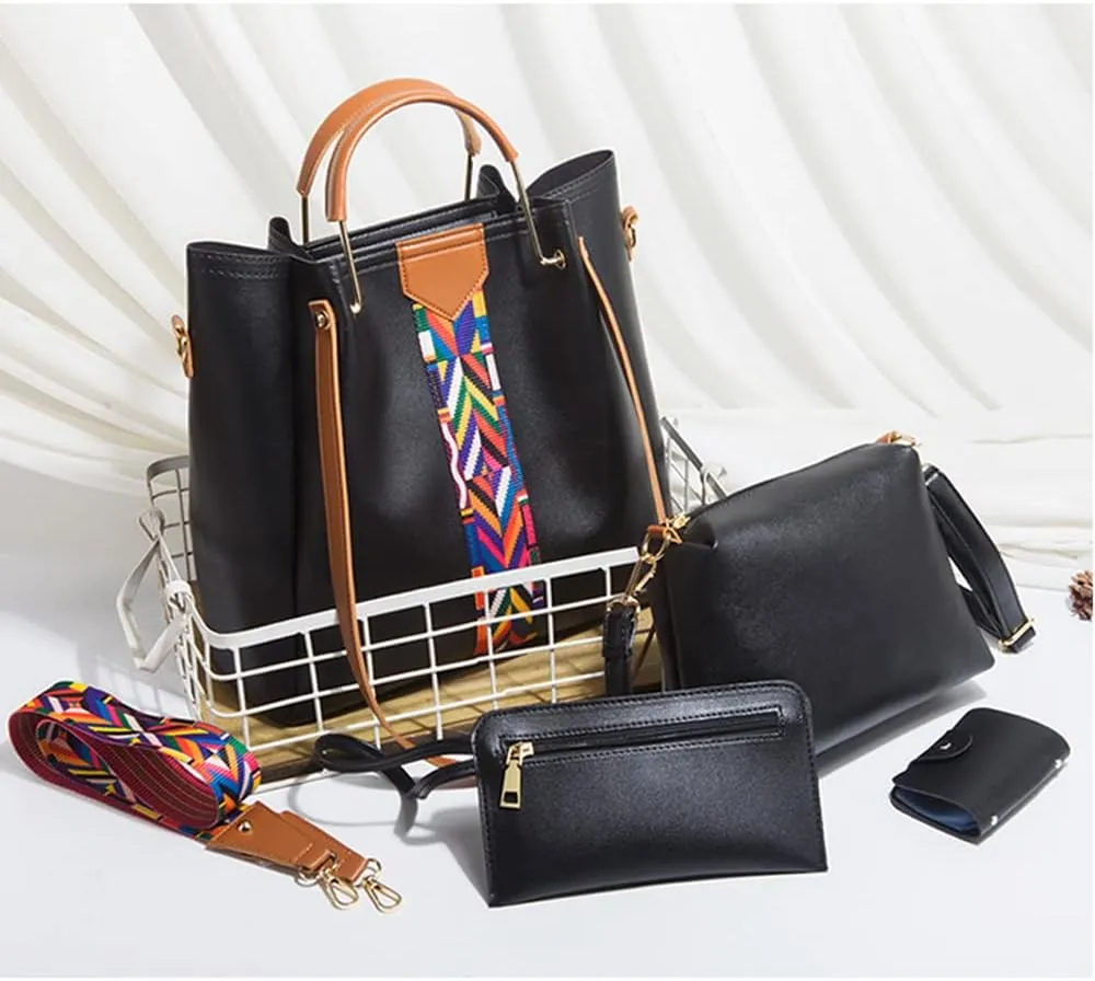 Women Handbags Sets Leather Purses Color Woven Tape Tote Bags Shoulder Crossbody Bag Top Handle Bag Wallet 4Pcs
