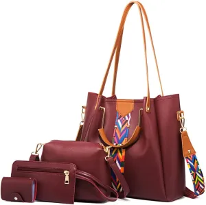 Women Handbags Sets Leather Purses Color Woven Tape Tote Bags Shoulder Crossbody Bag Top Handle Bag Wallet 4Pcs