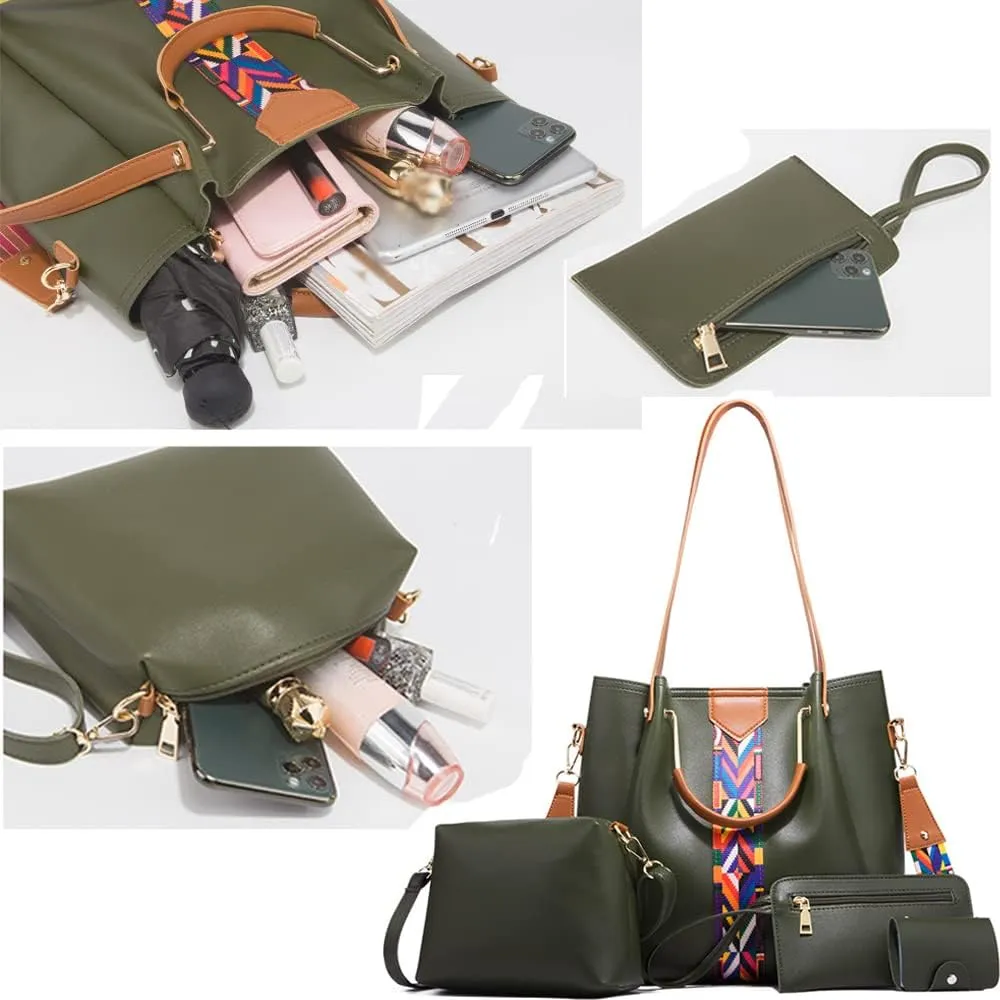Women Handbags Sets Vegan Leather Purses Color Woven Tape Tote Bags Shoulder Crossbody Bag Top Handle Bag Wallet 4Pcs