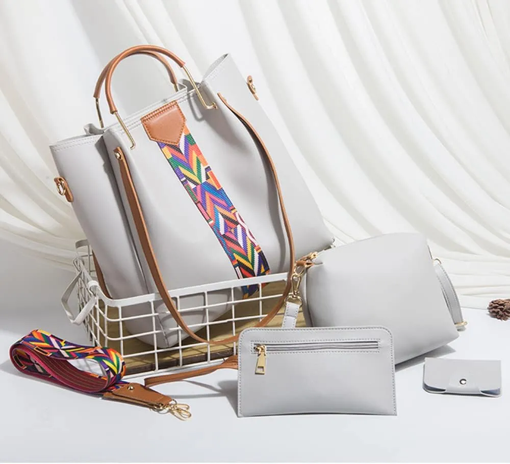 Women Handbags Sets Vegan Leather Purses Color Woven Tape Tote Bags Shoulder Crossbody Bag Top Handle Bag Wallet 4Pcs