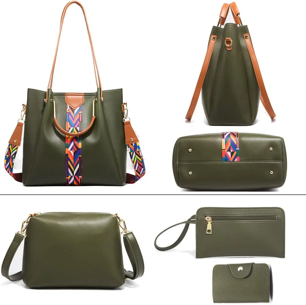 Women Handbags Sets Vegan Leather Purses Color Woven Tape Tote Bags Shoulder Crossbody Bag Top Handle Bag Wallet 4Pcs