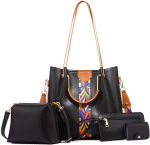 Women Handbags Sets Vegan Leather Purses Color Woven Tape Tote Bags Shoulder Crossbody Bag Top Handle Bag Wallet 4Pcs