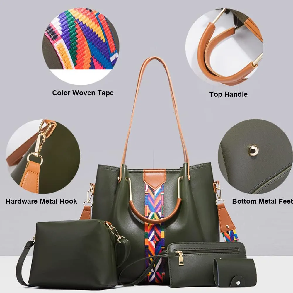 Women Handbags Sets Vegan Leather Purses Color Woven Tape Tote Bags Shoulder Crossbody Bag Top Handle Bag Wallet 4Pcs