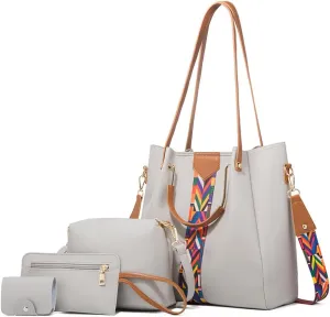 Women Handbags Sets Vegan Leather Purses Color Woven Tape Tote Bags Shoulder Crossbody Bag Top Handle Bag Wallet 4Pcs
