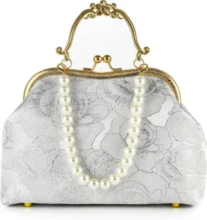 Women Lace Flower Embroidered Evening Clutch Chinese Retro Kiss Lock Top-handle Purse With Pearls Strap Wedding Party Handbag