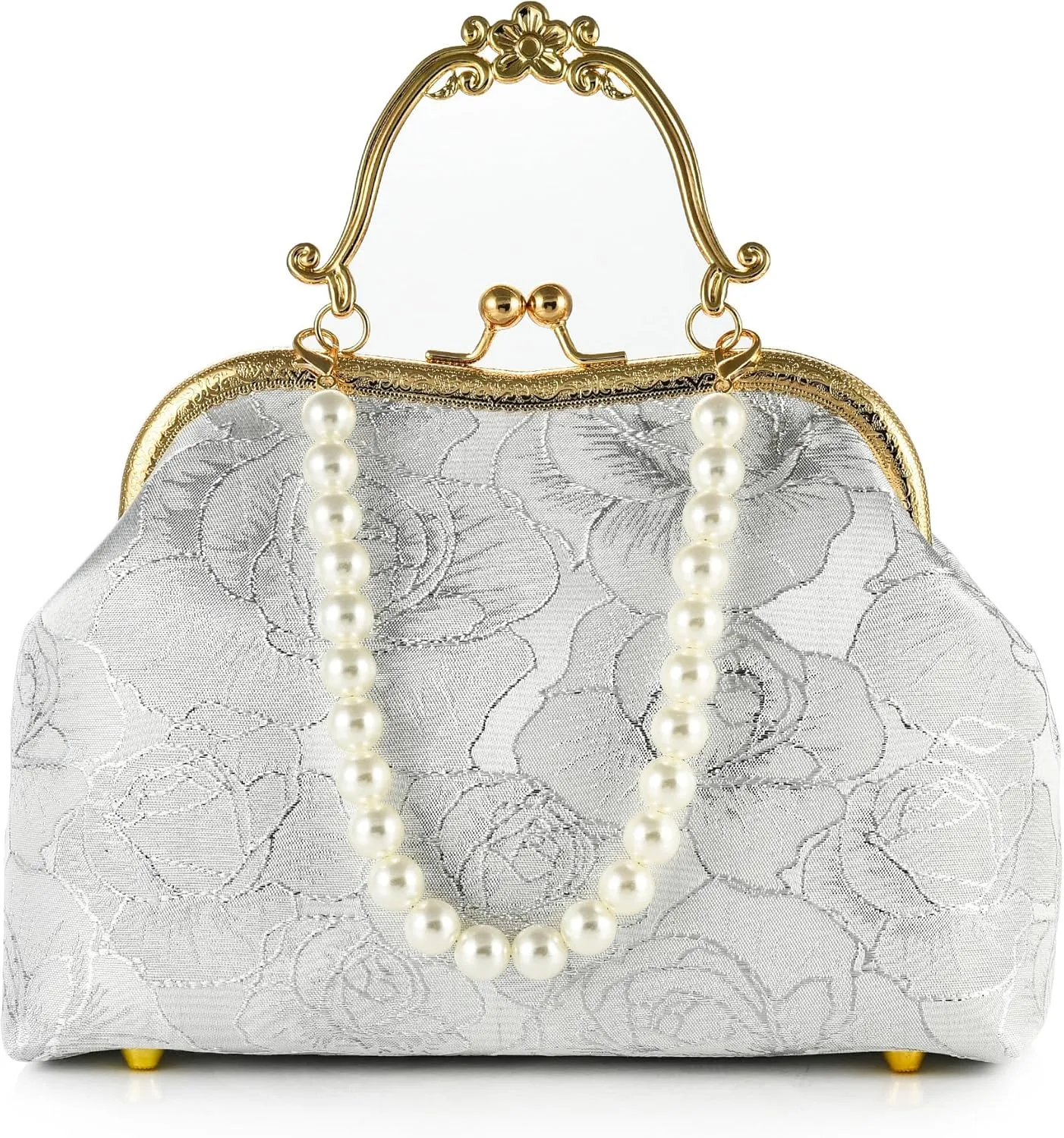 Women Lace Flower Embroidered Evening Clutch Chinese Retro Kiss Lock Top-handle Purse With Pearls Strap Wedding Party Handbag