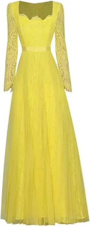 Women Lace Patchwork Square Neck Dress Long Sleeve Pleated Mesh Evening Party Long Dresses