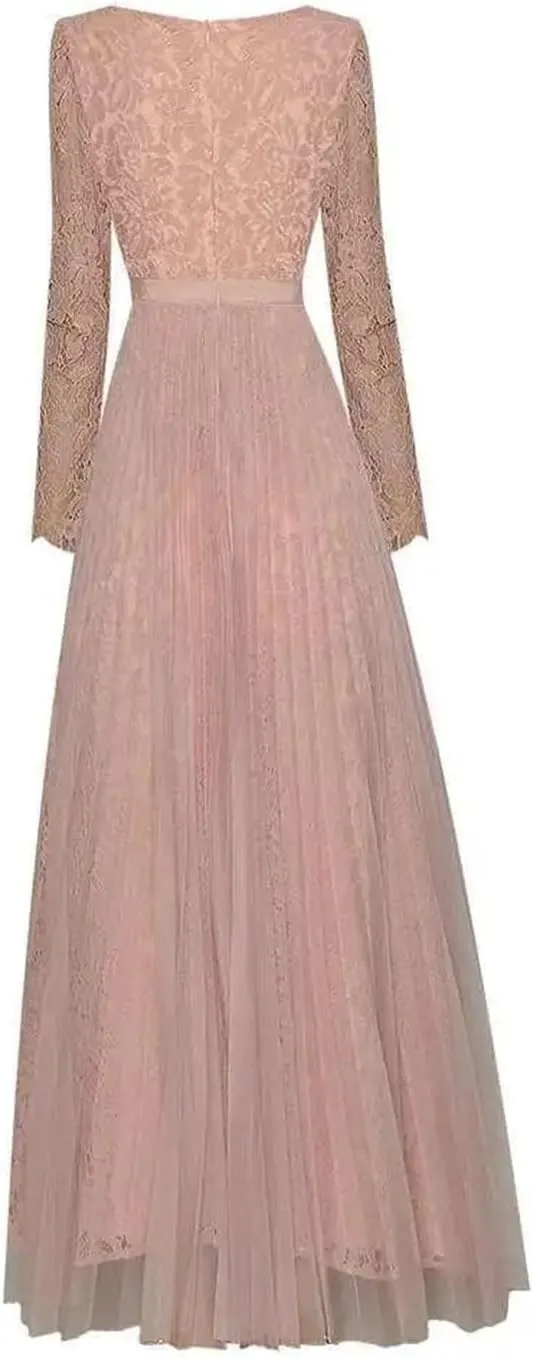 Women Lace Patchwork Square Neck Dress Long Sleeve Pleated Mesh Evening Party Long Dresses