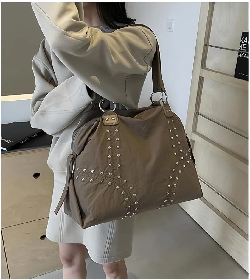 Women LadiesPunk Handbag Big Size Top Handle Shoulder Crossbody Bag Cool Studded Satchel Versatile Commuter Tote Bag