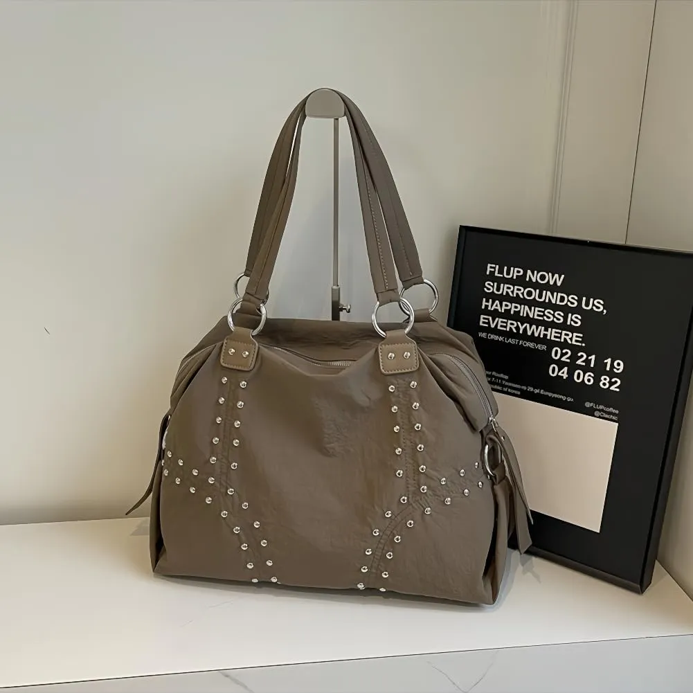 Women LadiesPunk Handbag Big Size Top Handle Shoulder Crossbody Bag Cool Studded Satchel Versatile Commuter Tote Bag