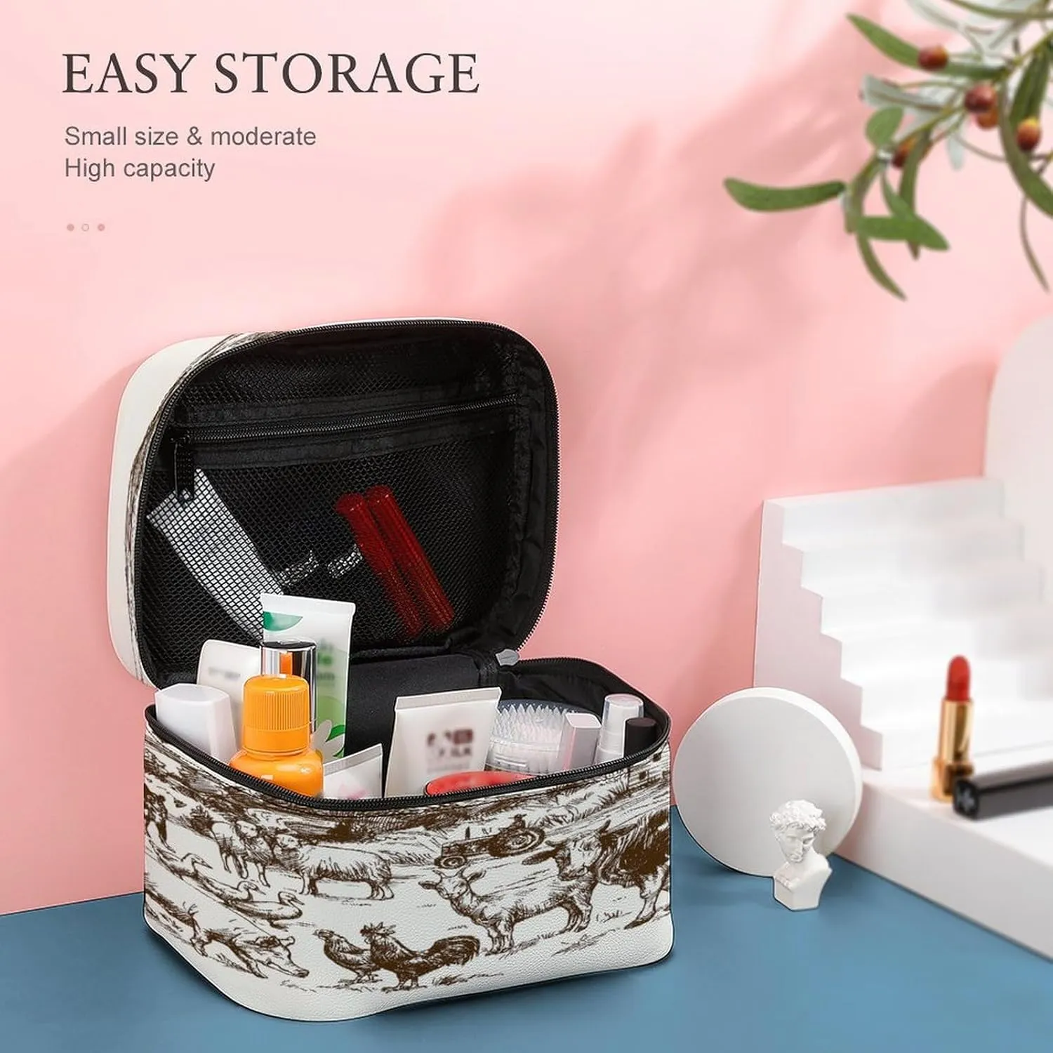 Women Leather Cosmetic Bag, Zipper Makeup Case Purse Holder Pouch Handbag