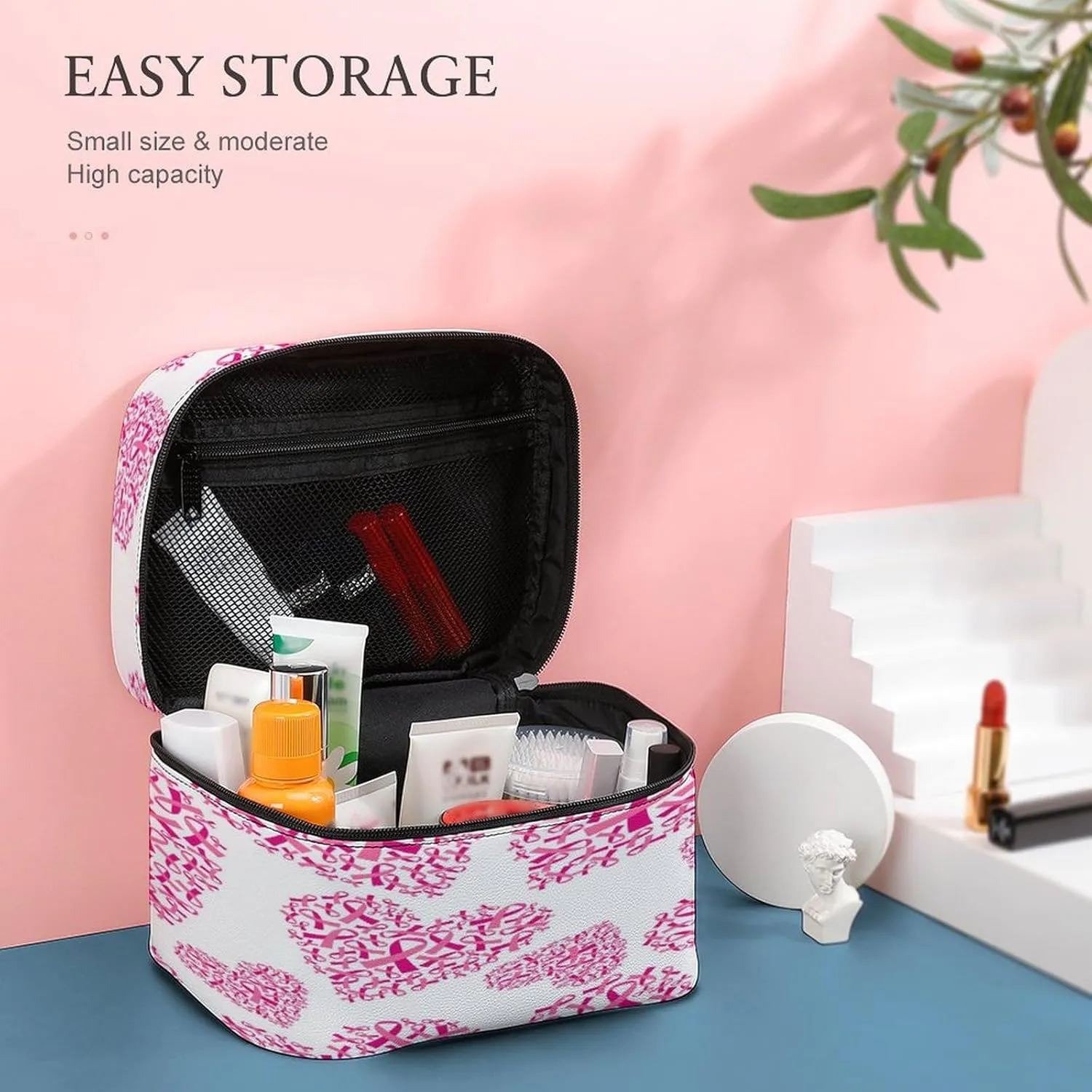 Women Leather Cosmetic Bag, Zipper Makeup Case Purse Holder Pouch Handbag