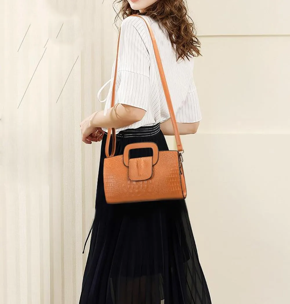 Women Leather Handbag Crocodile Pattern Satchel Elegant Tote Purse Fashion Ladies Evening Bag Classic Wallets (Brown)