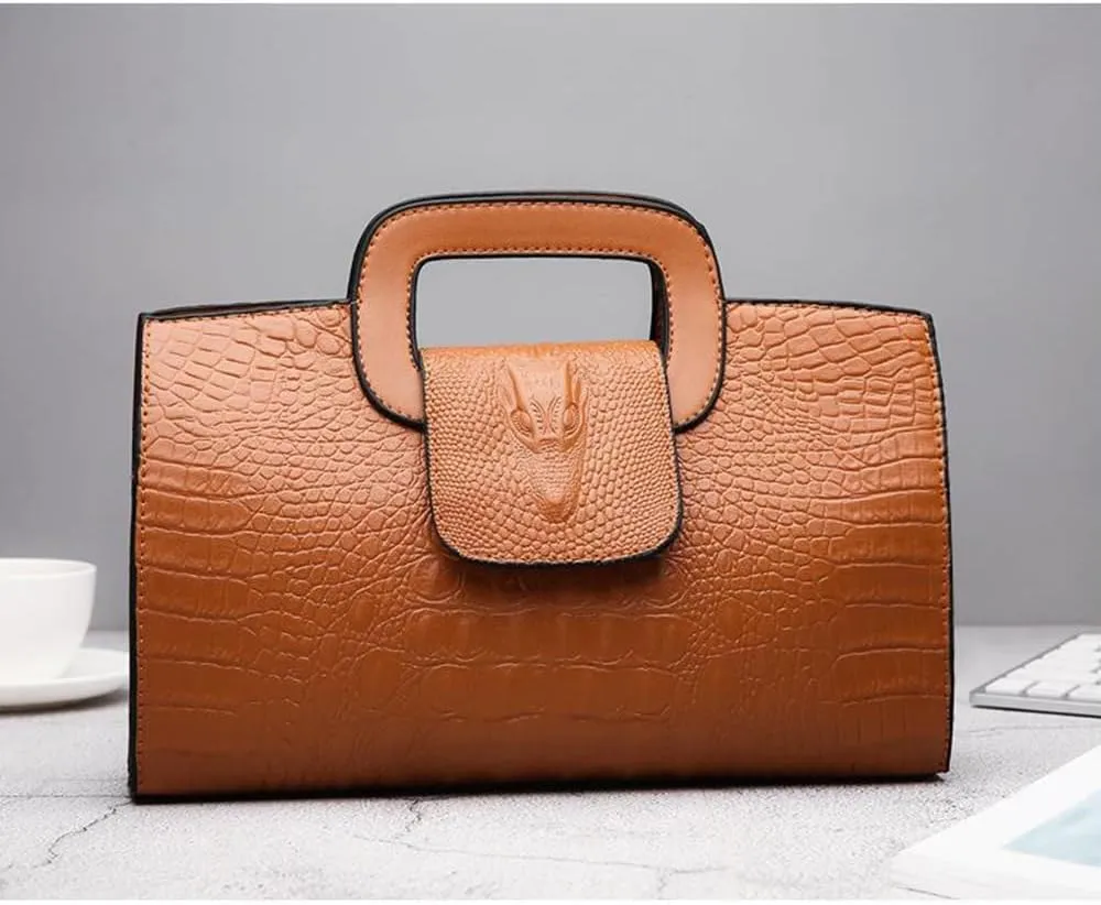 Women Leather Handbag Crocodile Pattern Satchel Elegant Tote Purse Fashion Ladies Evening Bag Classic Wallets (Brown)