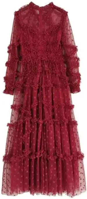 Women Mesh Hollow Out Ruffles Dress Embroidery Solid Stand Neck Big Swing Long Dresses