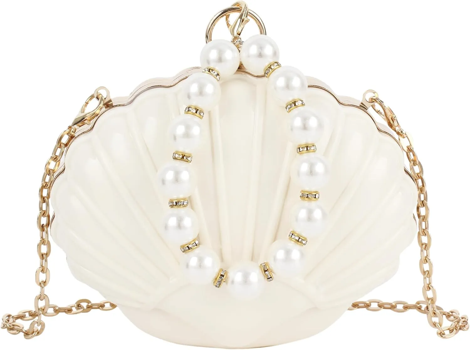 Women Mini Seashell Evening Clutch Pearls Top-Handle Bag Chain Strap Cross-body Bag