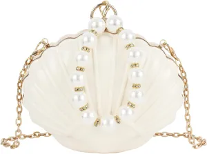 Women Mini Seashell Evening Clutch Pearls Top-Handle Bag Chain Strap Cross-body Bag