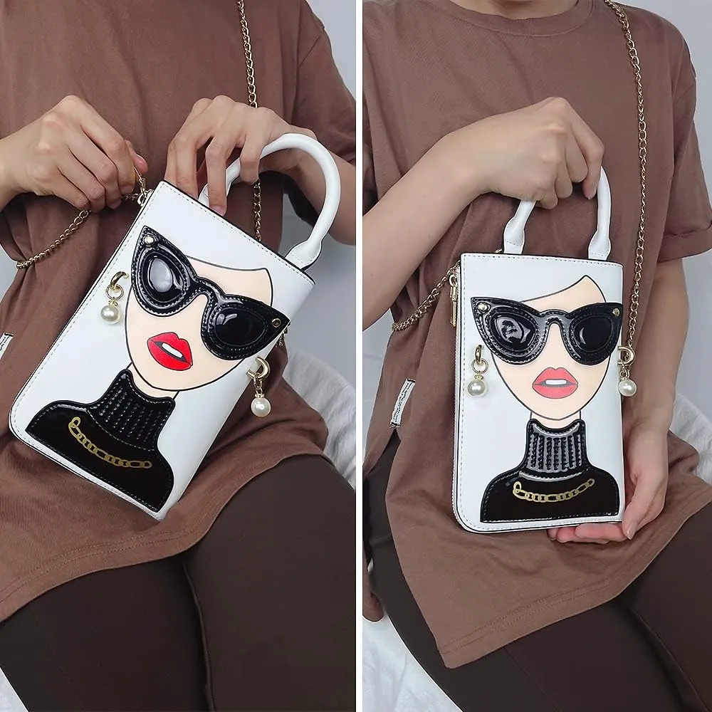 Women Novelty Lady Face Shoulder Bags Funky PU Leather Top Handle Satchel Handbags Clutch Purse for Women