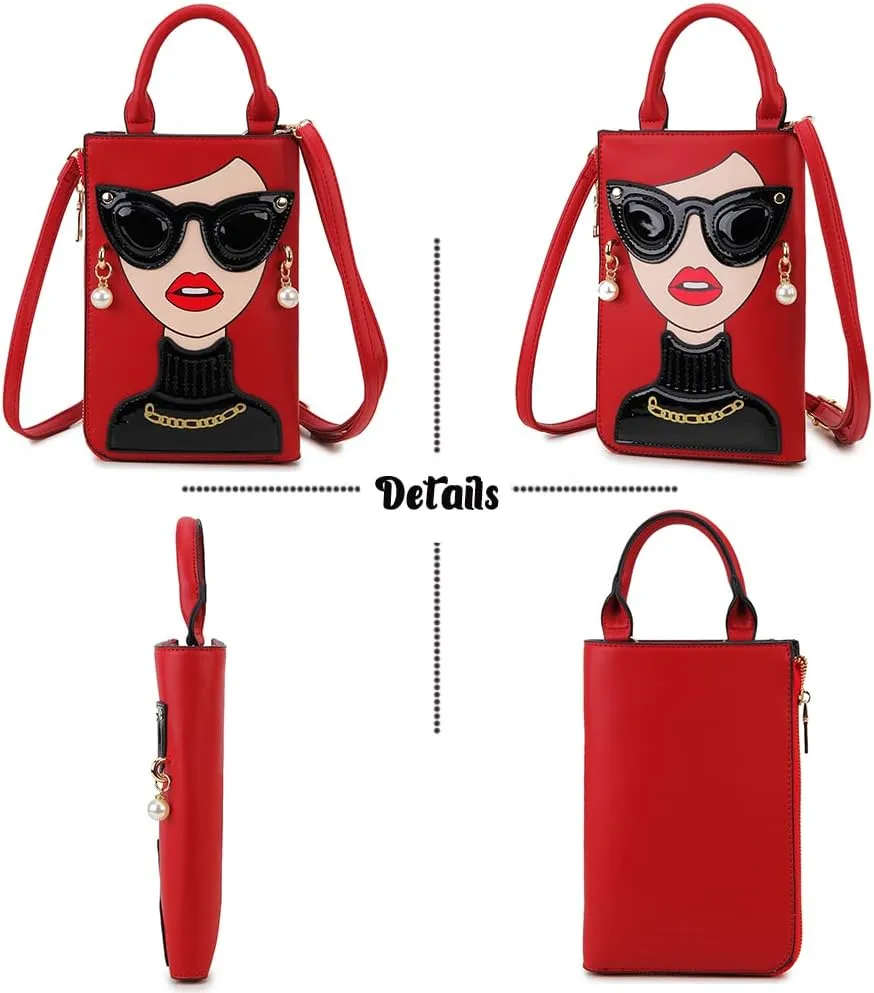 Women Novelty Lady Face Shoulder Bags Funky PU Leather Top Handle Satchel Handbags Clutch Purse for Women