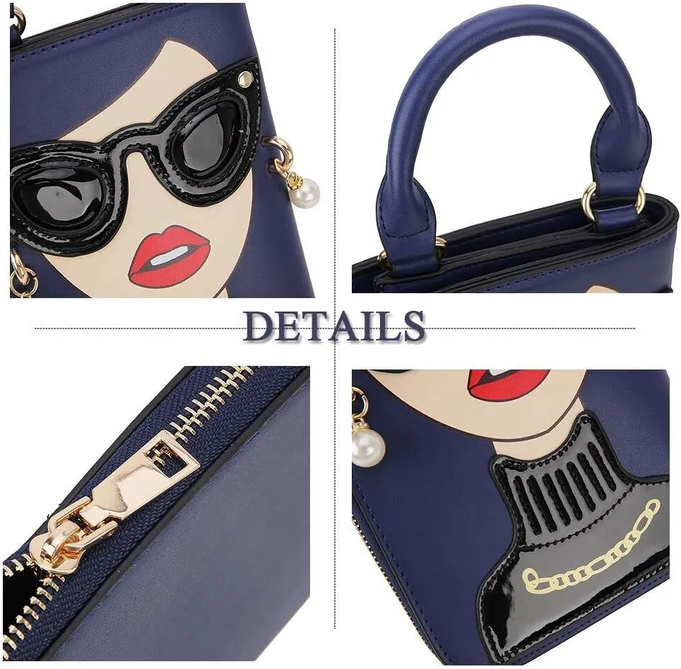 Women Novelty Lady Face Shoulder Bags Funky PU Leather Top Handle Satchel Handbags Clutch Purse for Women