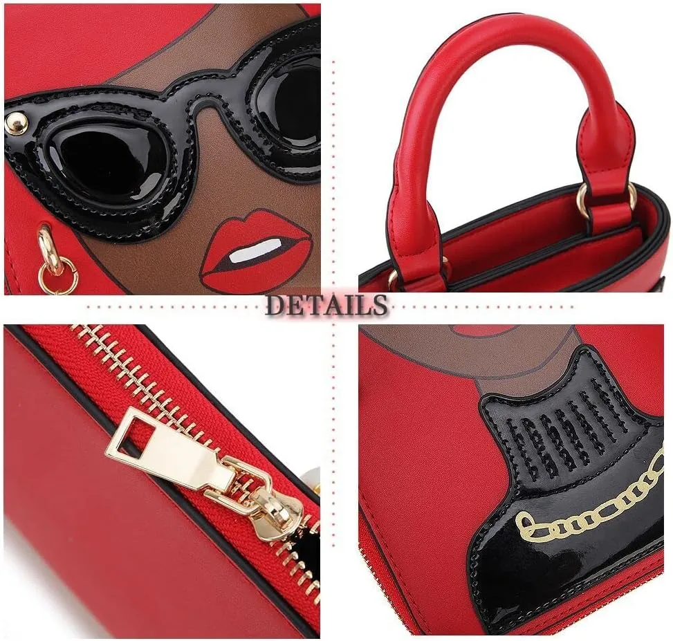 Women Novelty Lady Face Shoulder Bags Funky PU Leather Top Handle Satchel Handbags Clutch Purse for Women