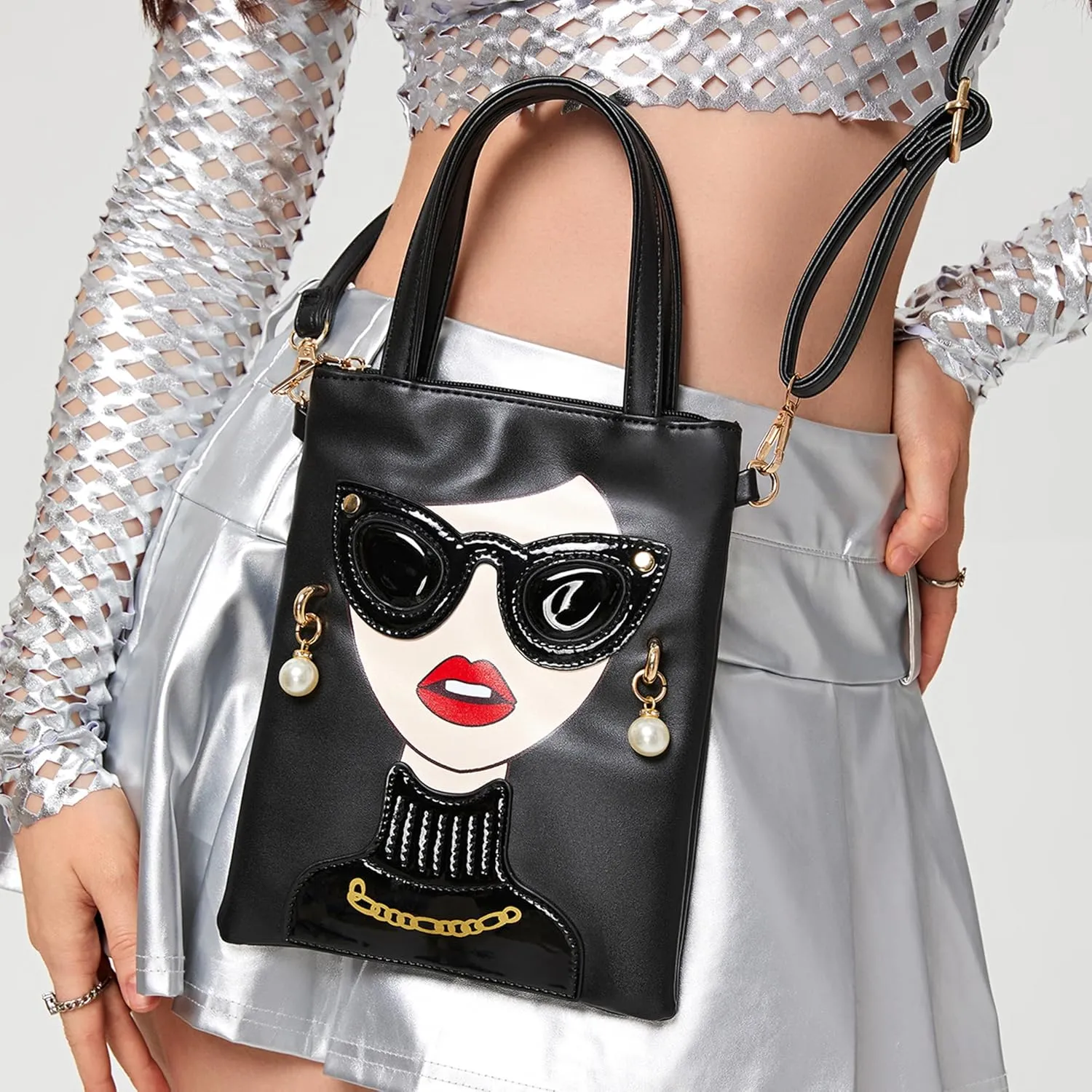 Women Novelty Lady Face Shoulder Bags Funky PU Leather Top Handle Satchel Handbags Clutch Purse for Women