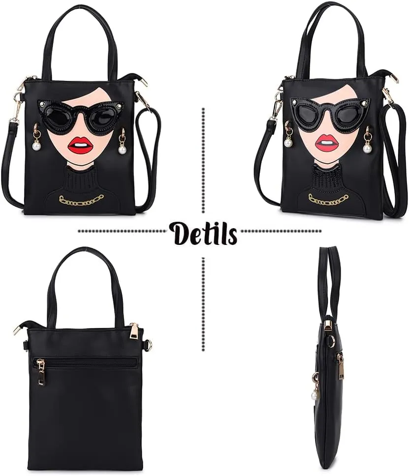 Women Novelty Lady Face Shoulder Bags Funky PU Leather Top Handle Satchel Handbags Clutch Purse for Women