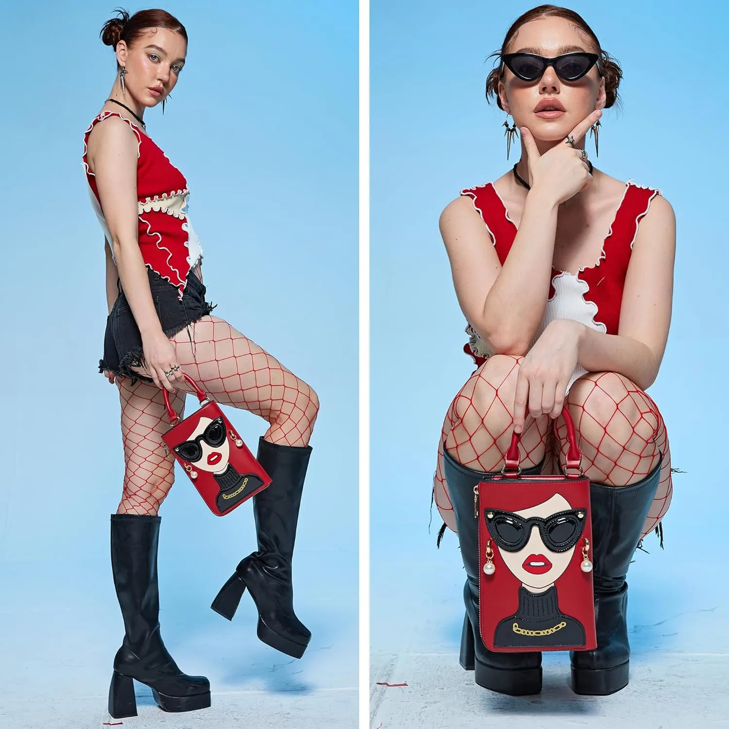 Women Novelty Lady Face Shoulder Bags Funky PU Leather Top Handle Satchel Handbags Clutch Purse for Women