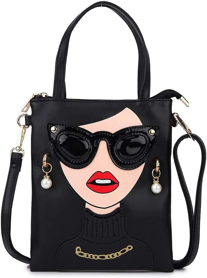 Women Novelty Lady Face Shoulder Bags Funky PU Leather Top Handle Satchel Handbags Clutch Purse for Women