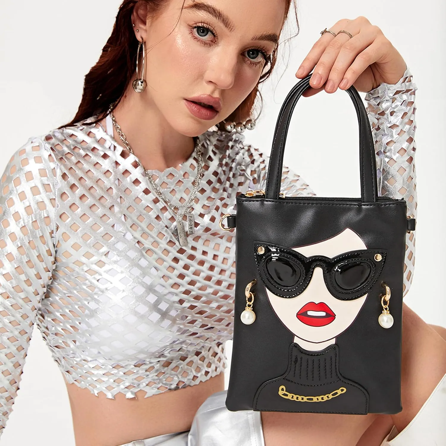 Women Novelty Lady Face Shoulder Bags Funky PU Leather Top Handle Satchel Handbags Clutch Purse for Women