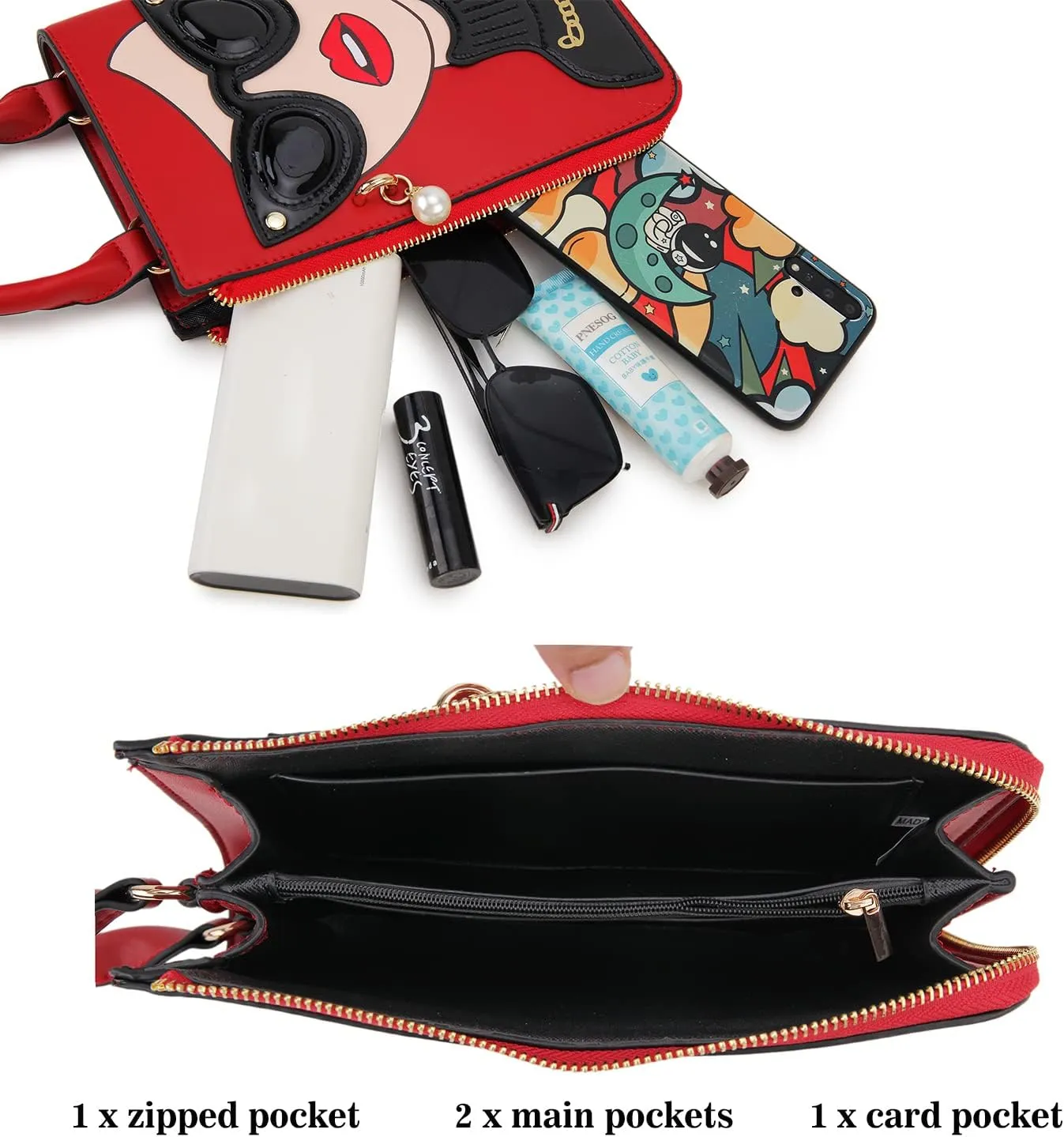Women Novelty Lady Face Shoulder Bags Funky PU Leather Top Handle Satchel Handbags Clutch Purse for Women