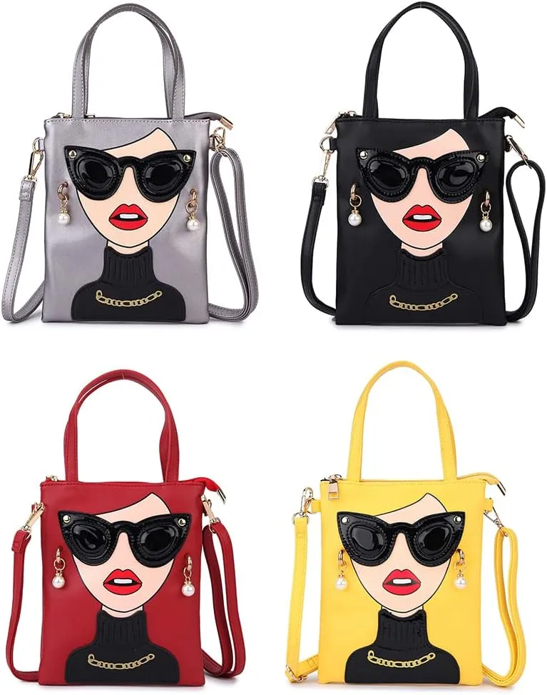 Women Novelty Lady Face Shoulder Bags Funky PU Leather Top Handle Satchel Handbags Clutch Purse for Women