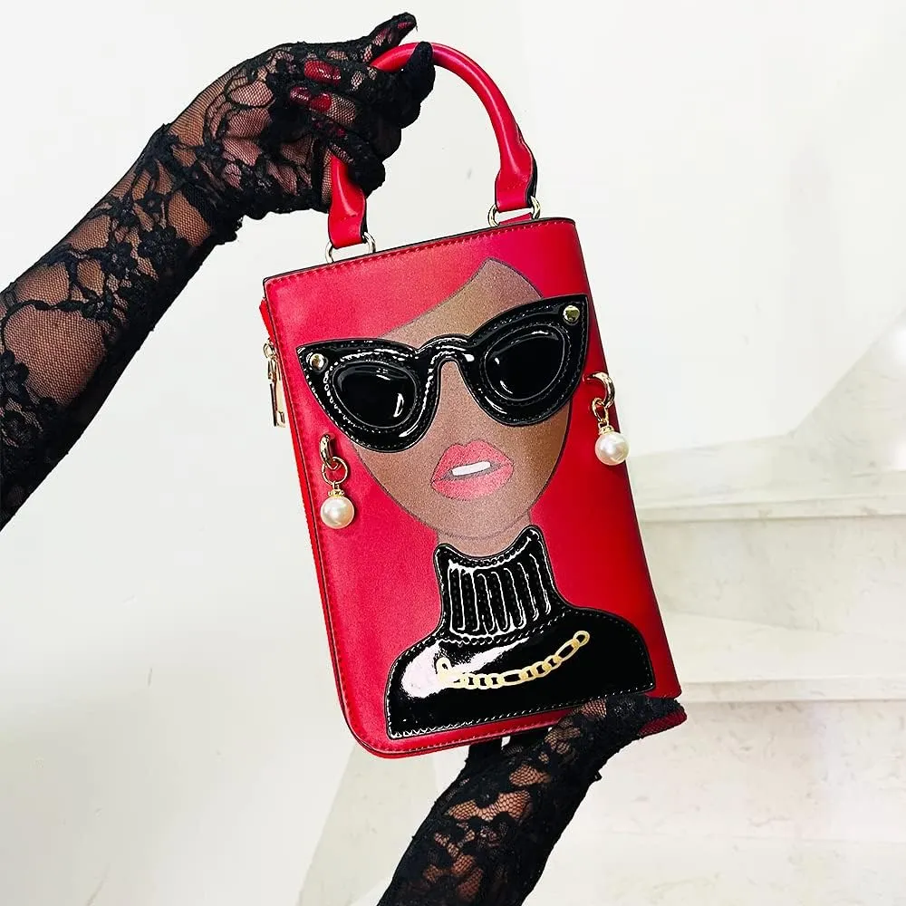 Women Novelty Lady Face Shoulder Bags Funky PU Leather Top Handle Satchel Handbags Clutch Purse for Women