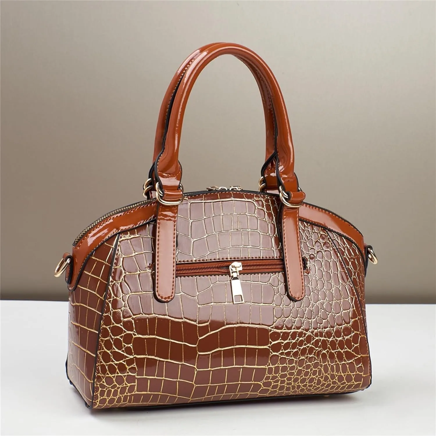 Women Patent Faux Leather Handbag Crossbody Purse Dome Satchel Purses Glossy Shell Shoulder Bag Top Handle Totes