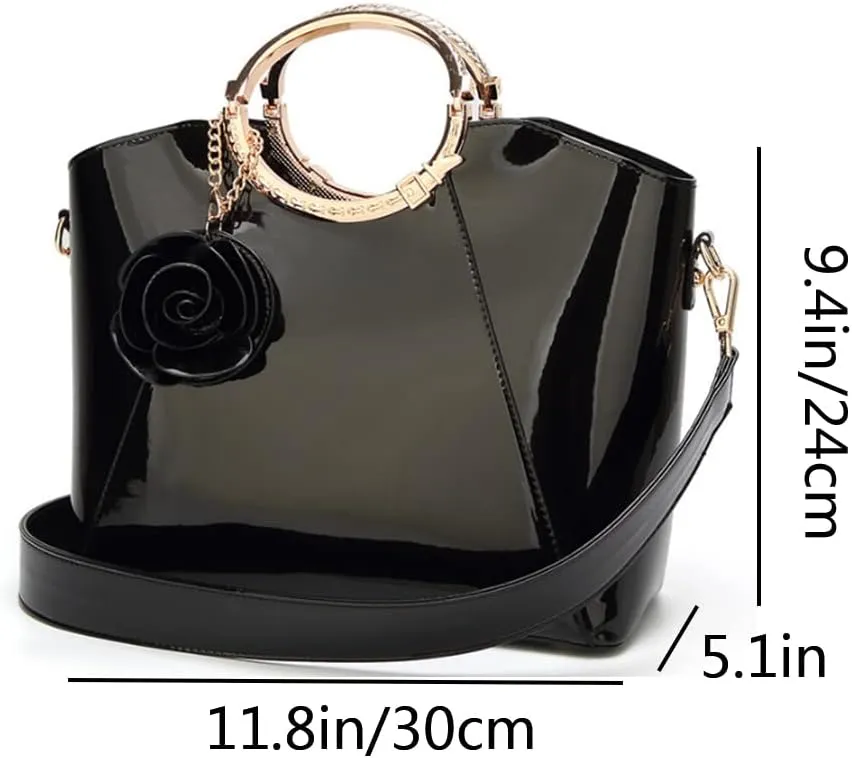 Women Purse Top-handle Bag Glossy Patent PU Leather Shoulder Bags Satchel Flower Pendant Handbag