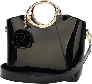 Women Purse Top-handle Bag Glossy Patent PU Leather Shoulder Bags Satchel Flower Pendant Handbag
