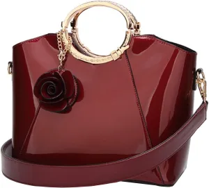 Women Purse Top-handle Bag Glossy Patent PU Leather Shoulder Bags Satchel Flower Pendant Handbag