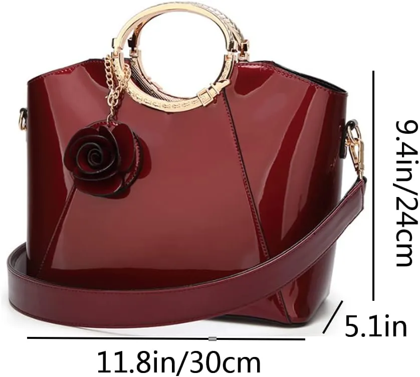 Women Purse Top-handle Bag Glossy Patent PU Leather Shoulder Bags Satchel Flower Pendant Handbag