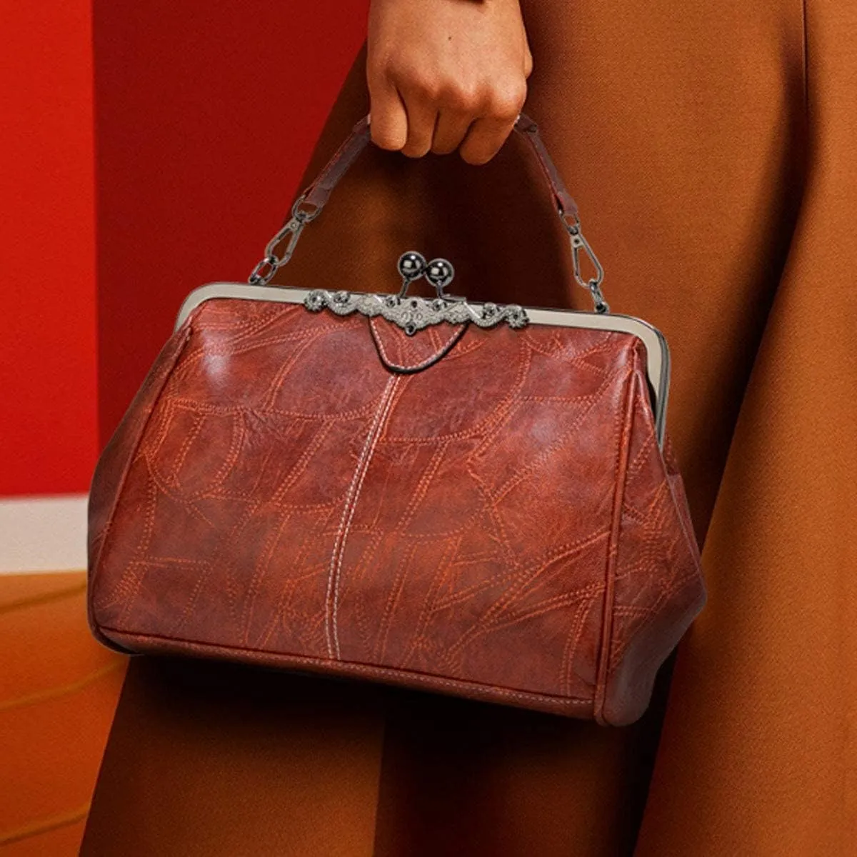Women Retro Hollow Oil Wax PU Leather Handbag Multiple Collocations Messenger Bag Handbags