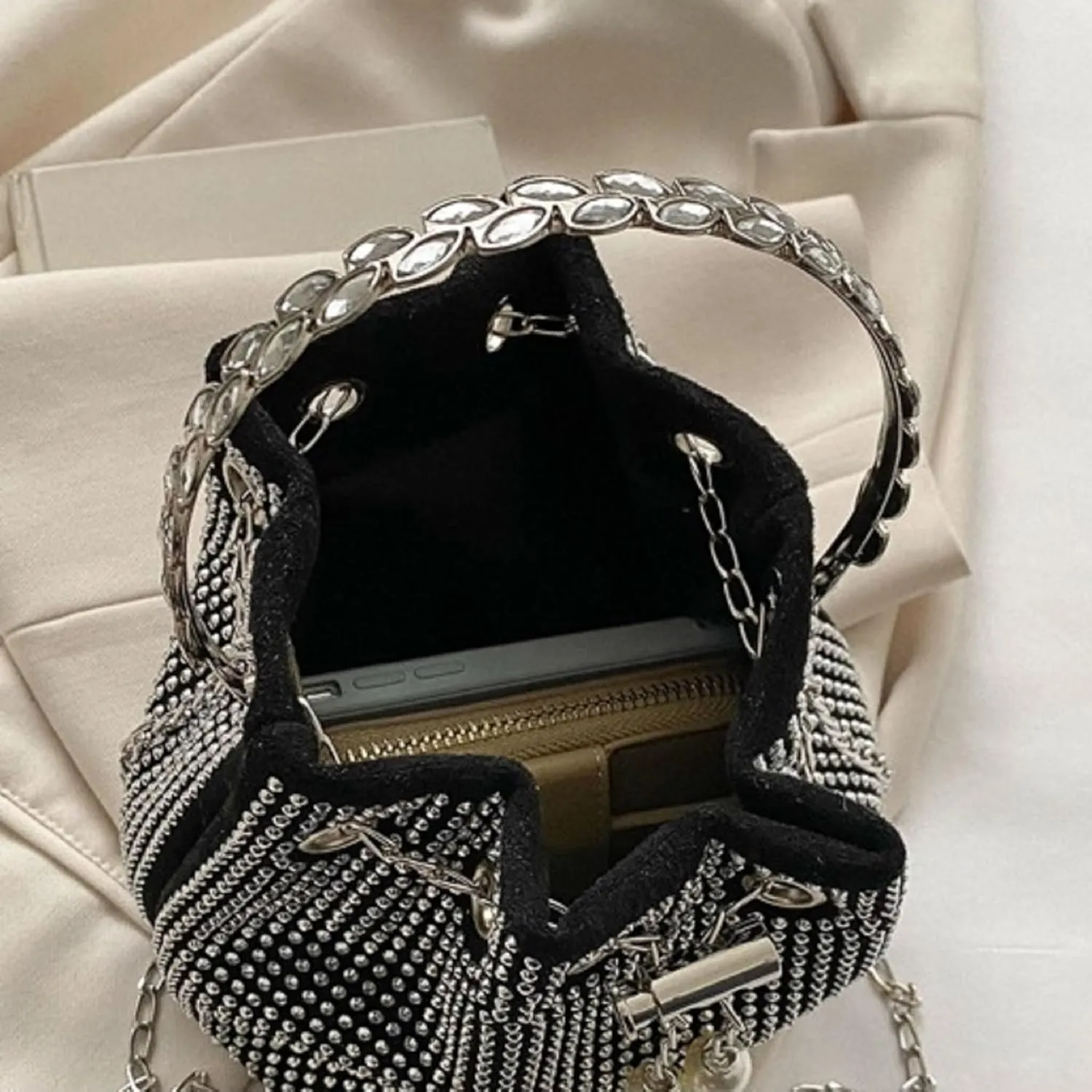 Women Rhinestone Evening Clutch Luxury Diamond Bucket Bag with Drawstring shining Crossbody Shoulder Purse for Prom