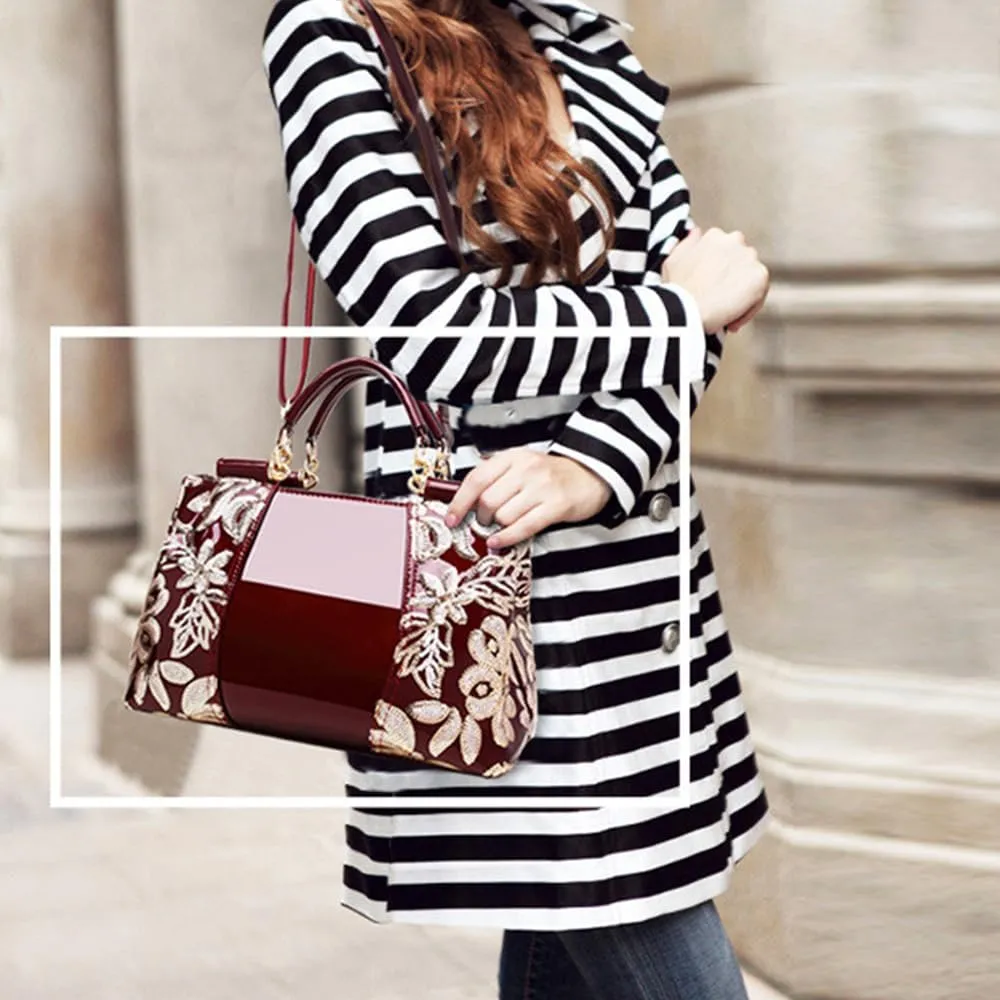Women Sequin Embroidered Handbag and Purse Top Handle Satchel Glossy PU Leather Shoulder Bags