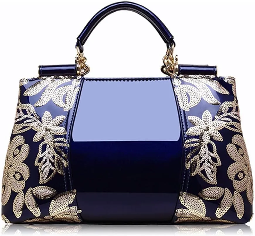 Women Sequin Embroidered Handbag and Purse Top Handle Satchel Glossy PU Leather Shoulder Bags