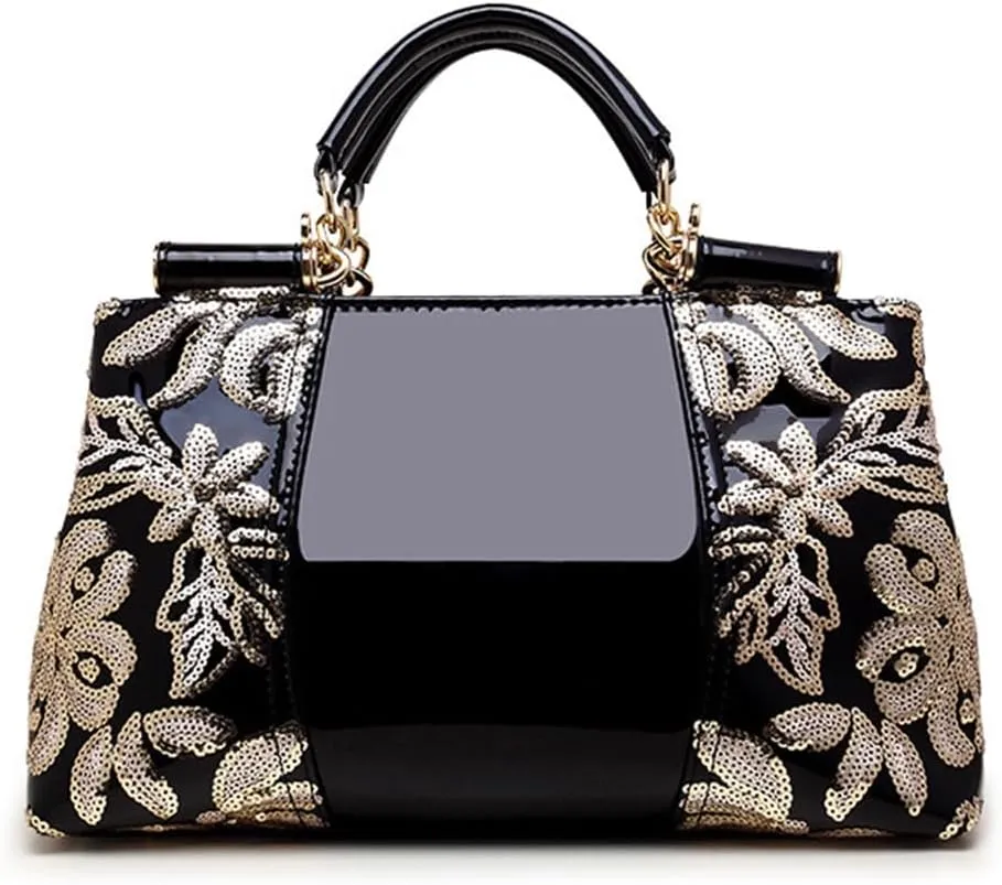 Women Sequin Embroidered Handbag and Purse Top Handle Satchel Glossy PU Leather Shoulder Bags