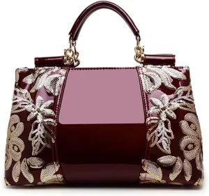 Women Sequin Embroidered Handbag and Purse Top Handle Satchel Glossy PU Leather Shoulder Bags