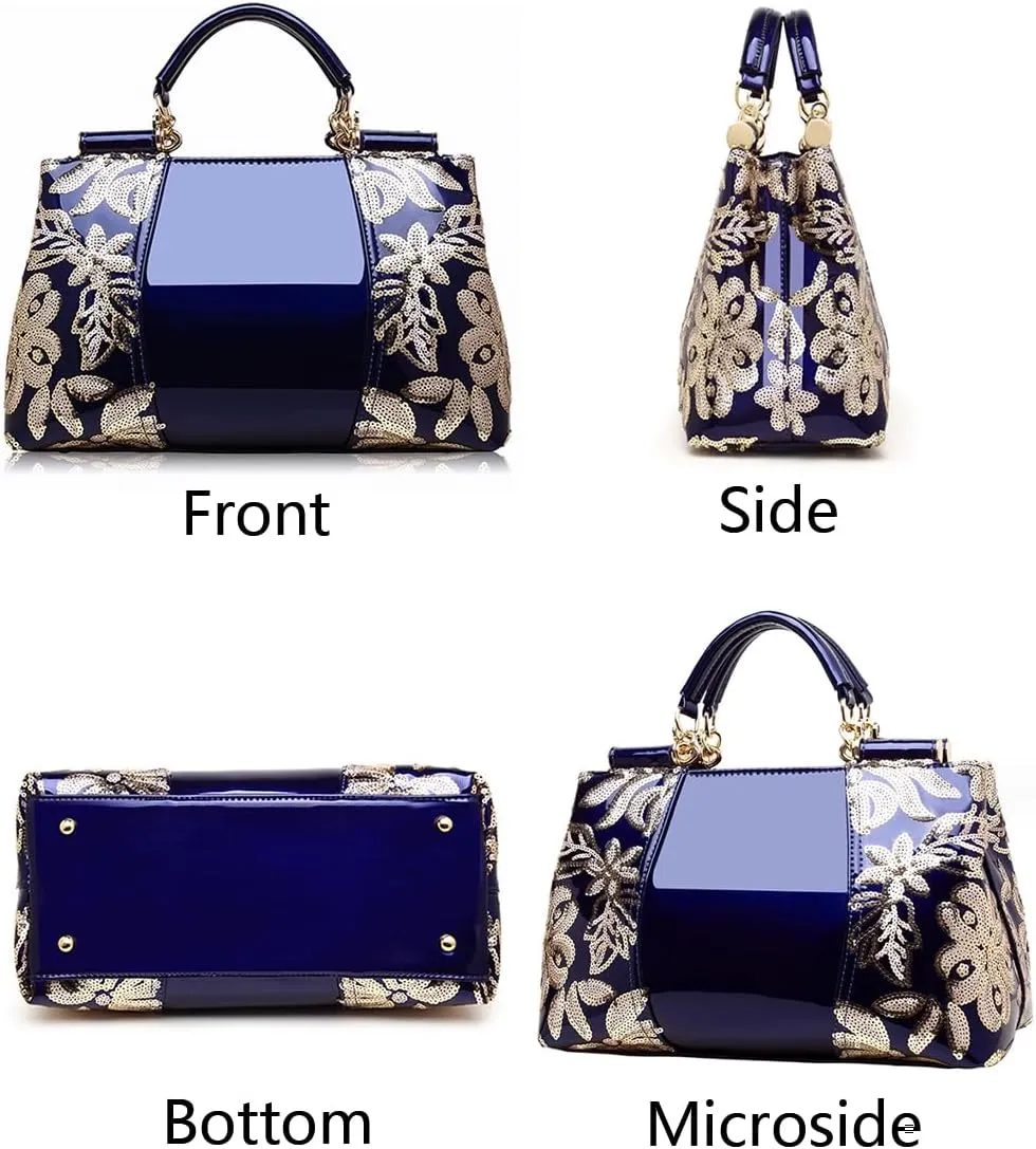 Women Sequin Embroidered Handbag and Purse Top Handle Satchel Glossy PU Leather Shoulder Bags