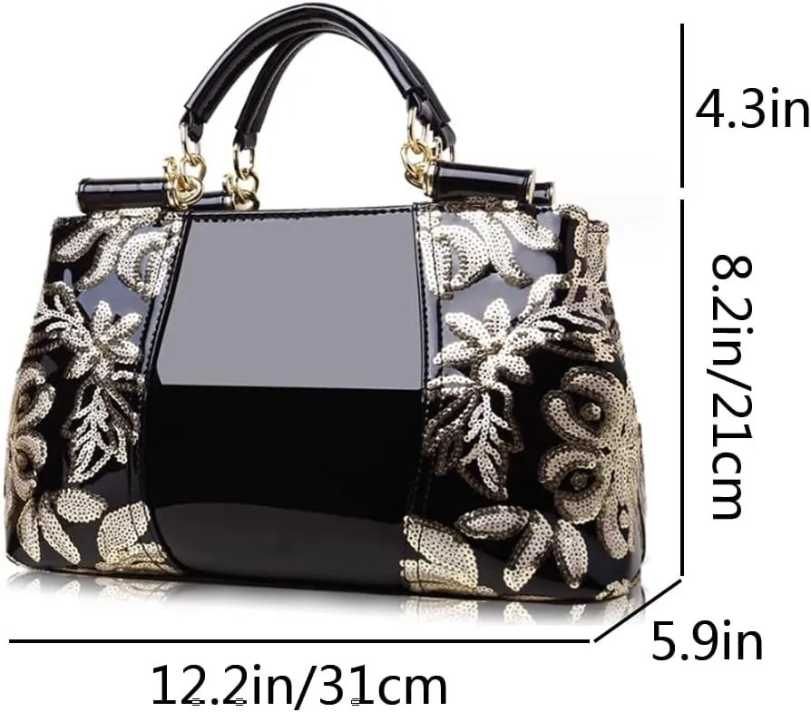 Women Sequin Embroidered Handbag and Purse Top Handle Satchel Glossy PU Leather Shoulder Bags