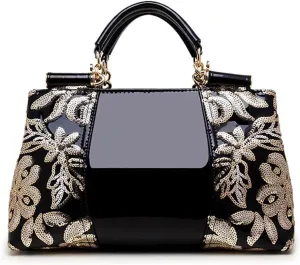 Women Sequin Embroidered Handbag and Purse Top Handle Satchel Glossy PU Leather Shoulder Bags