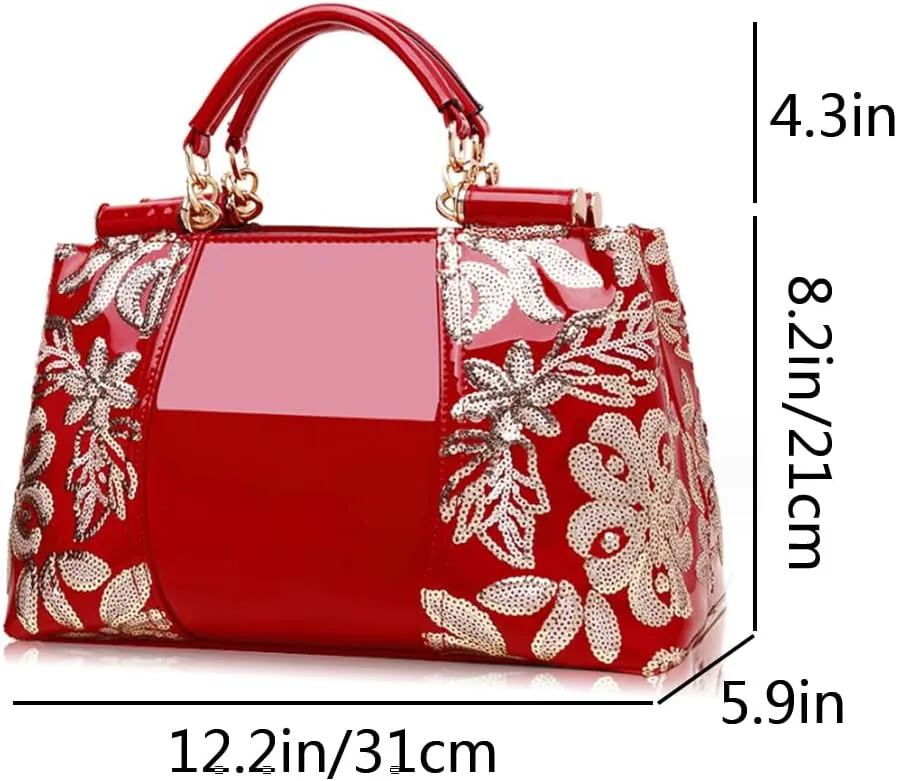Women Sequin Embroidered Handbag and Purse Top Handle Satchel Glossy PU Leather Shoulder Bags