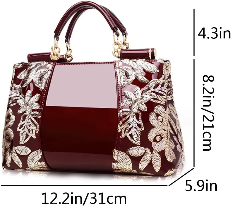 Women Sequin Embroidered Handbag and Purse Top Handle Satchel Glossy PU Leather Shoulder Bags