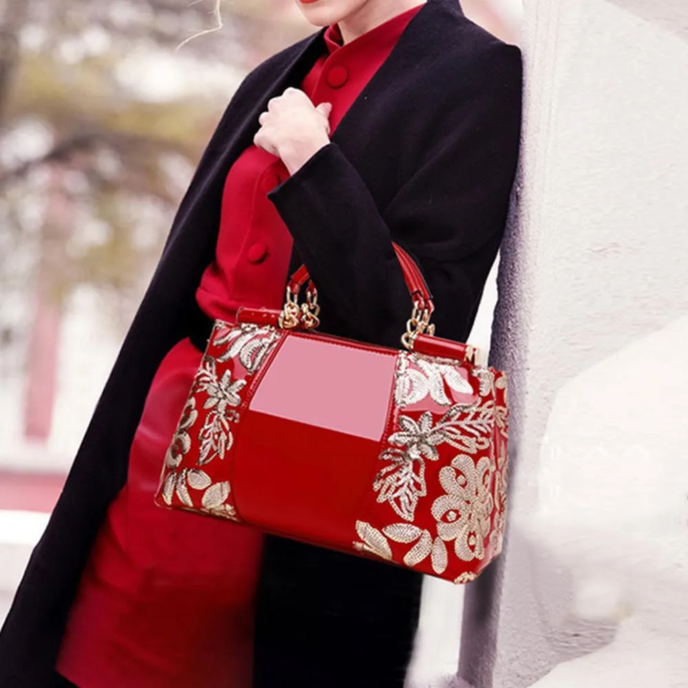 Women Sequin Embroidered Handbag and Purse Top Handle Satchel Glossy PU Leather Shoulder Bags